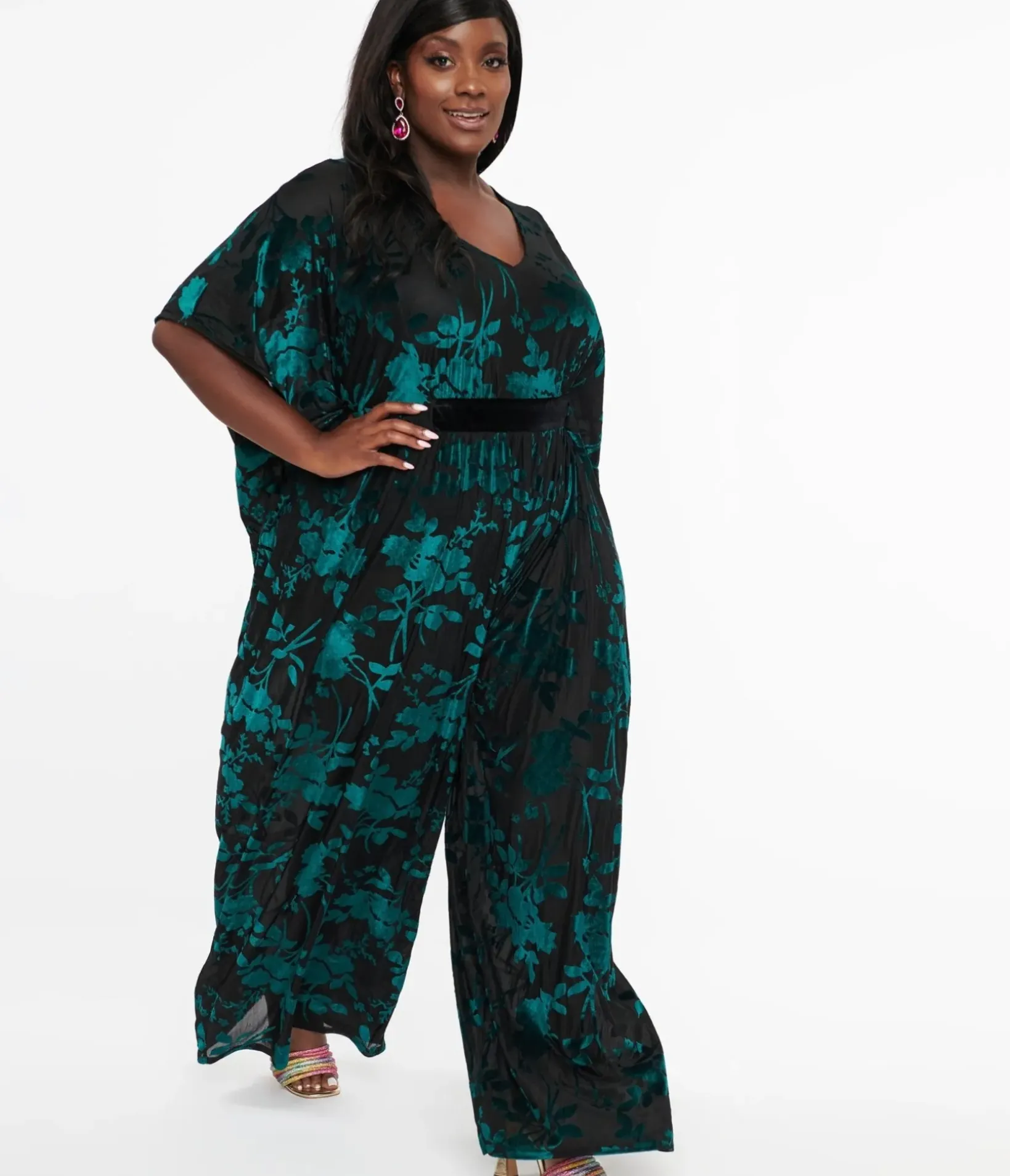 Unique Vintage Caftans|Caftans>Plus Size 1970s Black & Teal Velvet Floral Burnout Caftan Jumpsuit