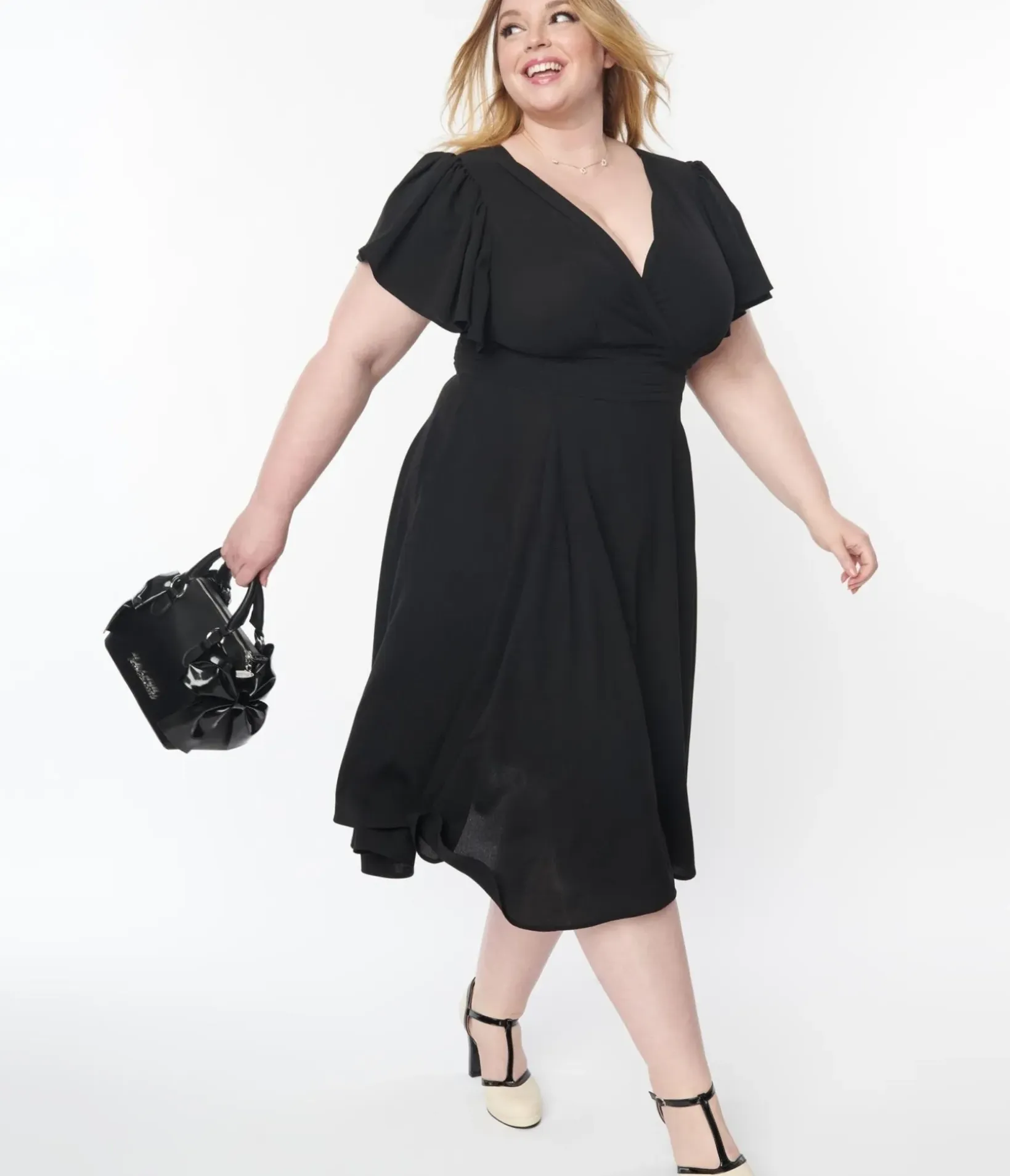 Unique Vintage Swing|Pocket Dresses>Plus Size 1940s Black Texture Swing Dress