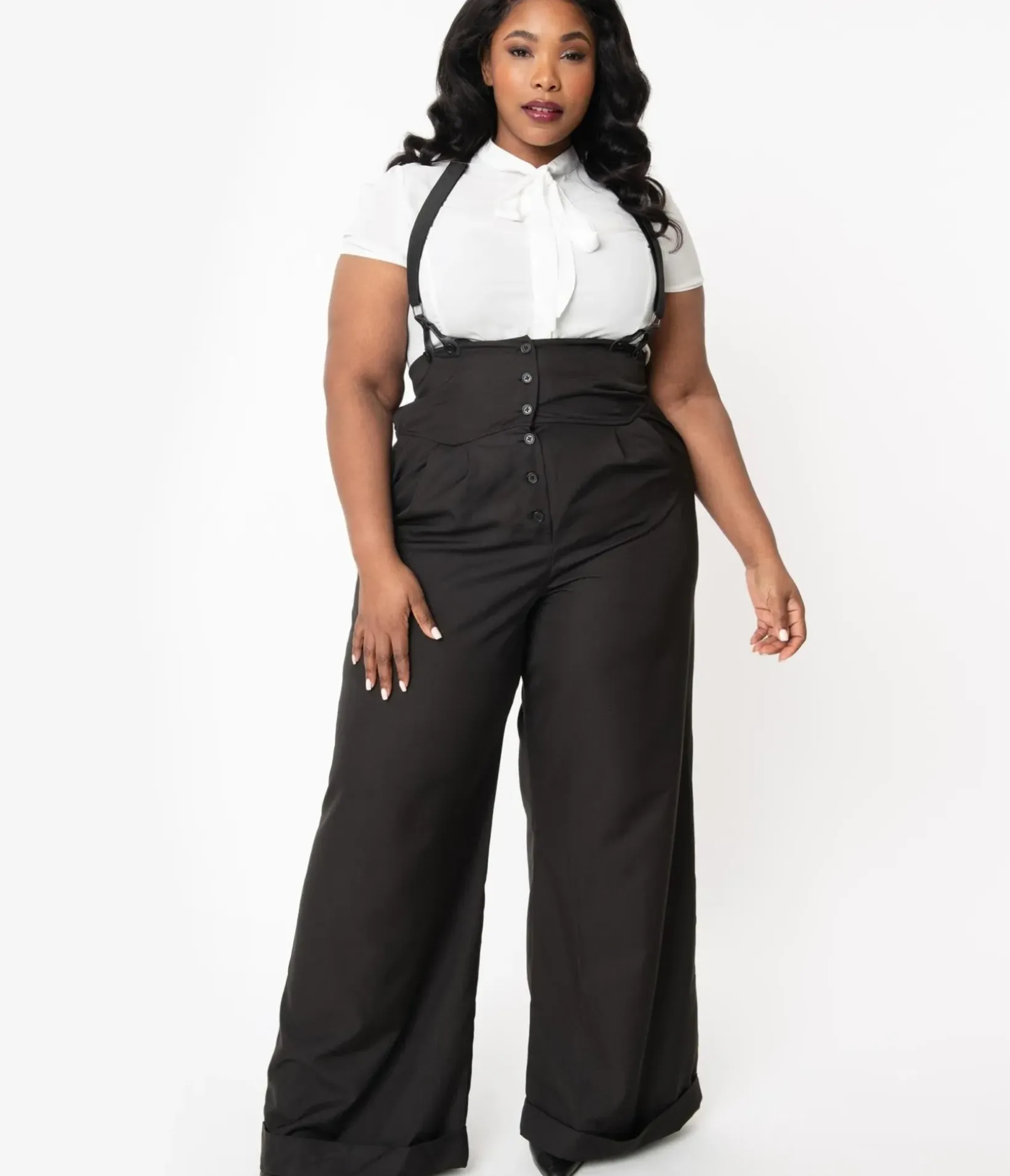 Unique Vintage Pants|Pants>Plus Size 1930s Black Thelma Suspender Pants