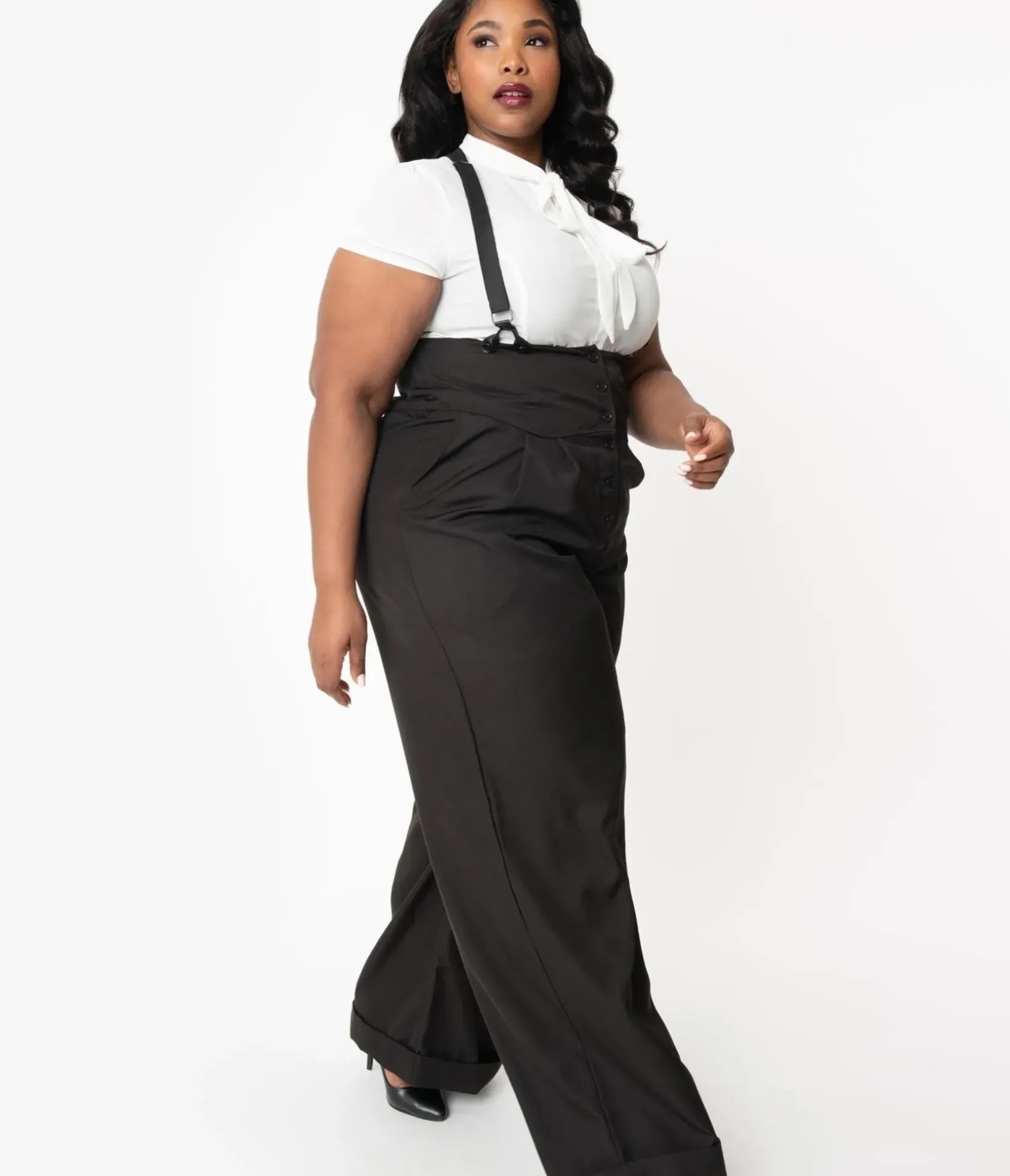 Unique Vintage Pants|Pants>Plus Size 1930s Black Thelma Suspender Pants
