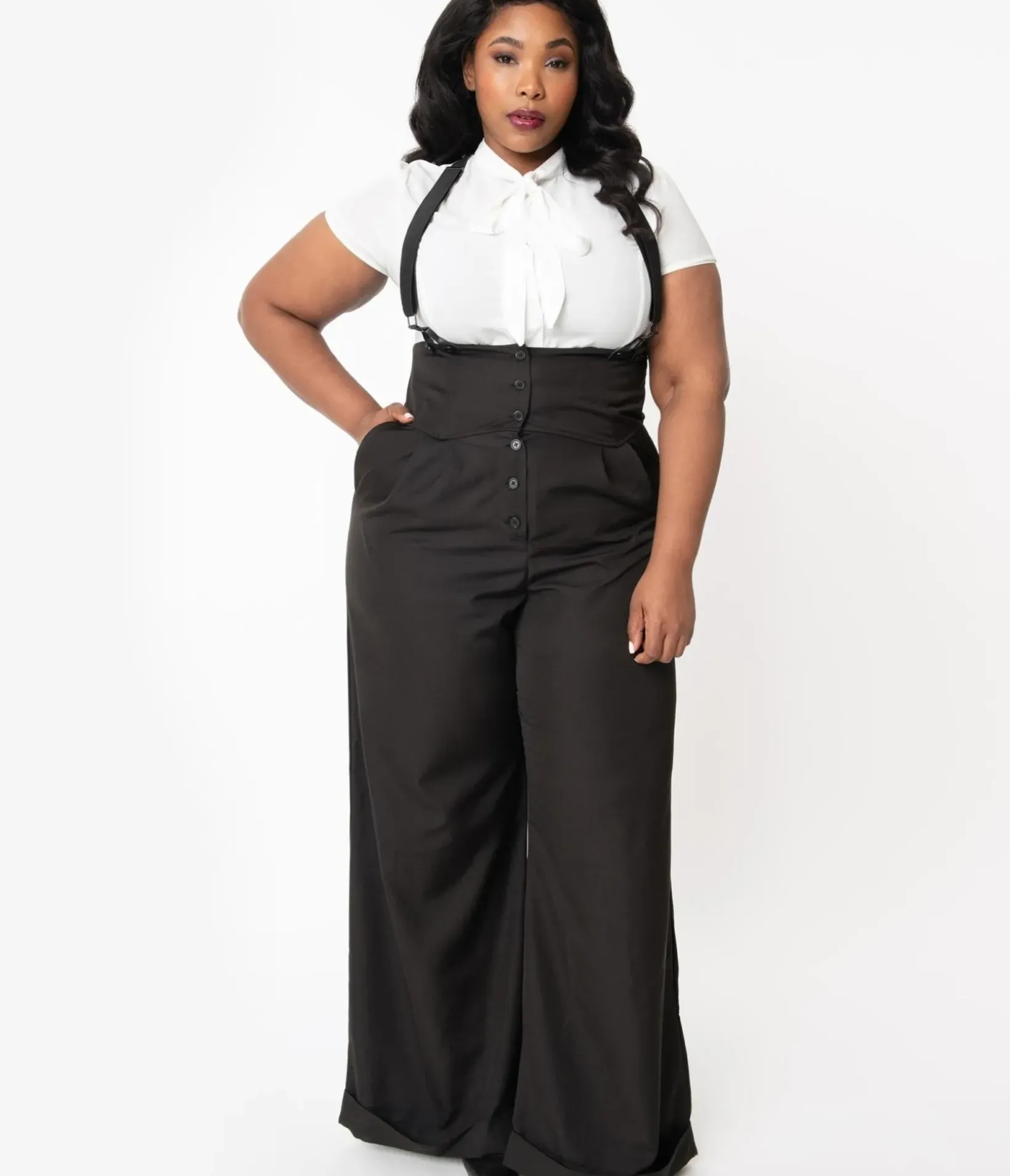 Unique Vintage Pants|Pants>Plus Size 1930s Black Thelma Suspender Pants