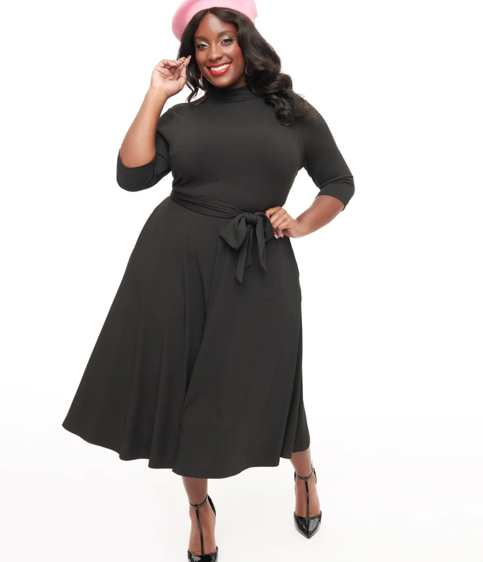 Unique Vintage Midi|Pocket Dresses>Plus Size 1950s Black Turtleneck Midi Dress