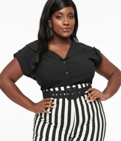 Unique Vintage Blouses|Blouses>Plus Size 1960s Black Twill Sleeveless Blouse