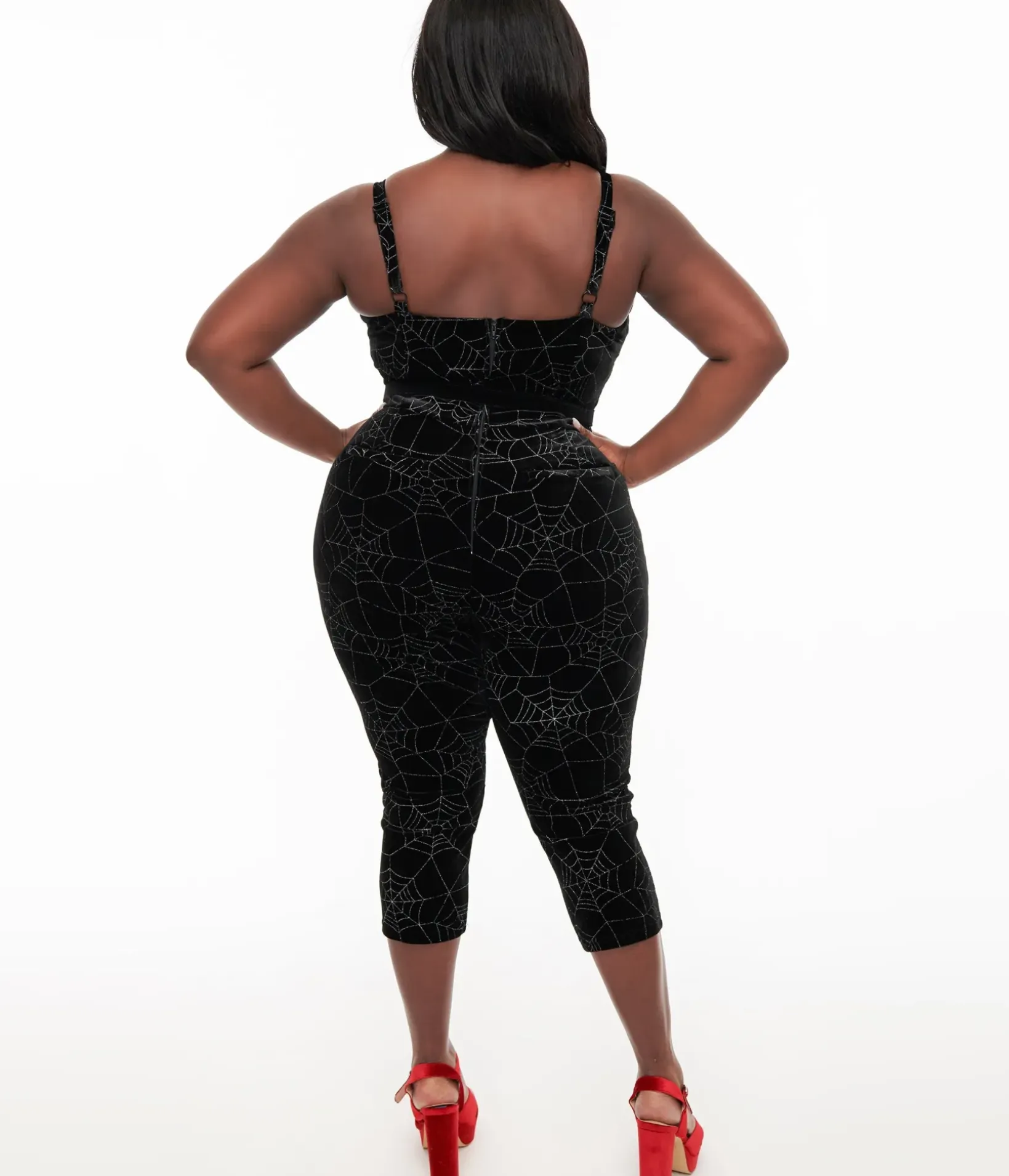 Unique Vintage Rompers & Jumpsuits|Rompers & Jumpsuits>Plus Size 1950s Black Velvet & Silver Web Cropped Jumpsuit