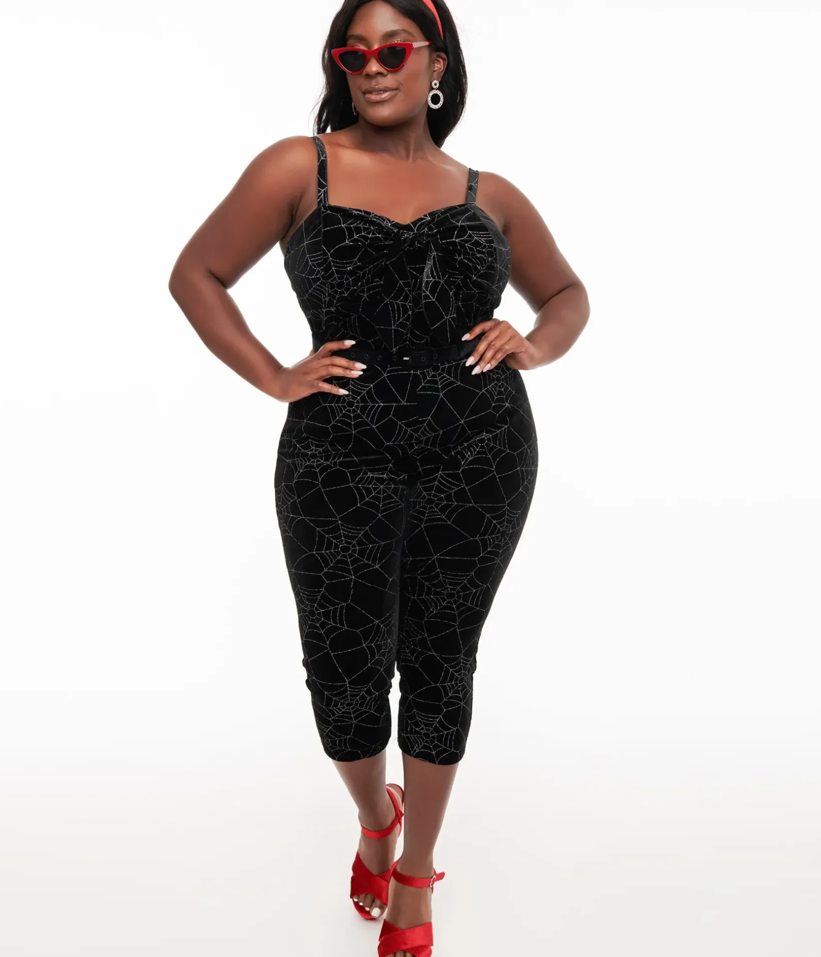 Unique Vintage Rompers & Jumpsuits|Rompers & Jumpsuits>Plus Size 1950s Black Velvet & Silver Web Cropped Jumpsuit