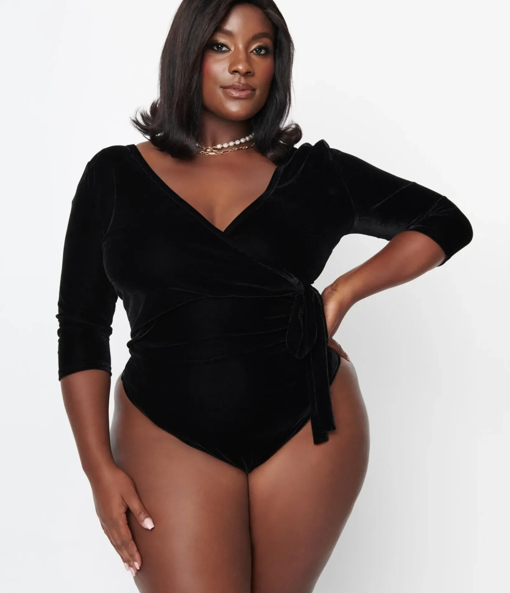 Unique Vintage All Things Black>Plus Size 1970s Black Velvet Surplice Bodysuit