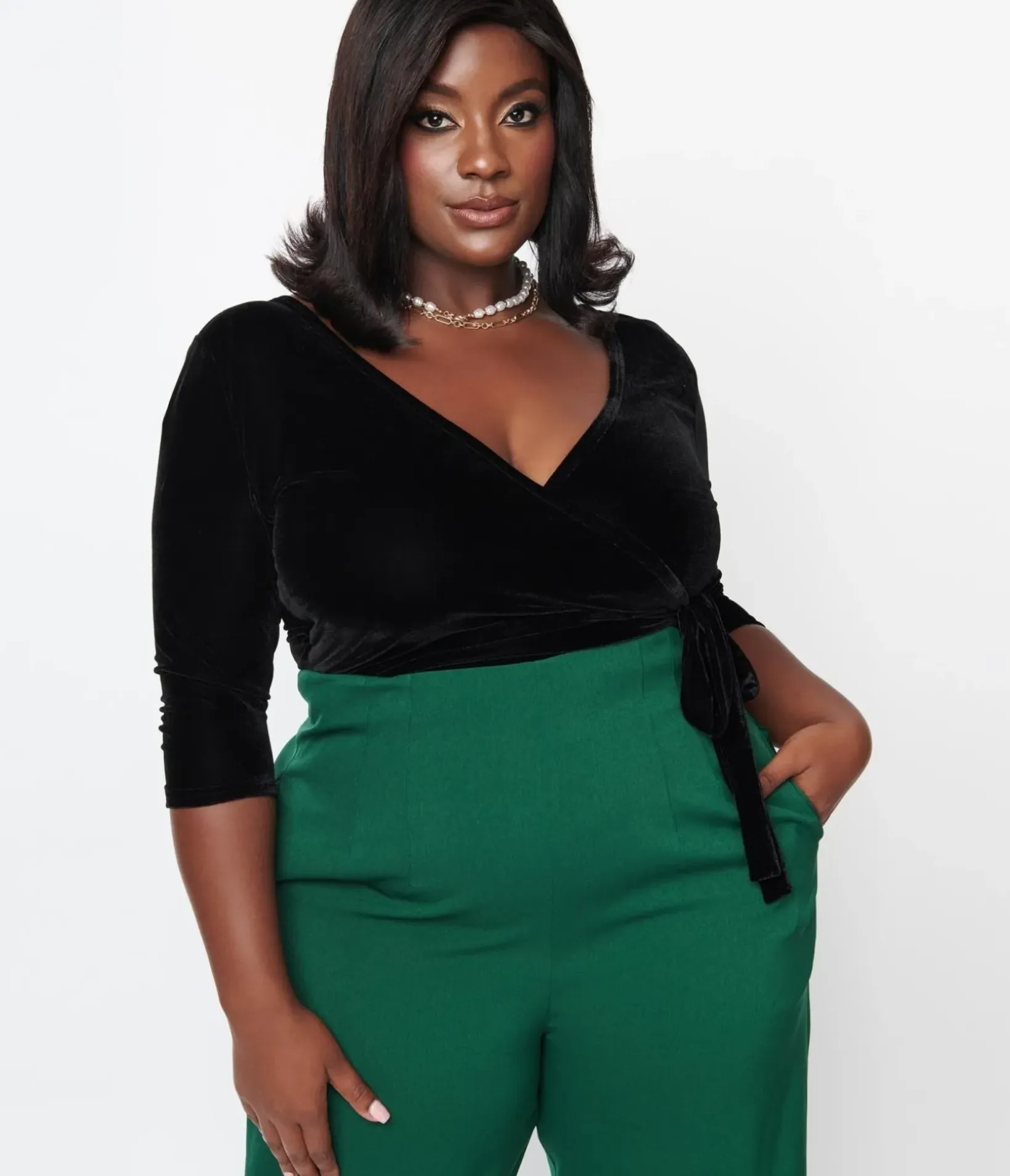 Unique Vintage All Things Black>Plus Size 1970s Black Velvet Surplice Bodysuit