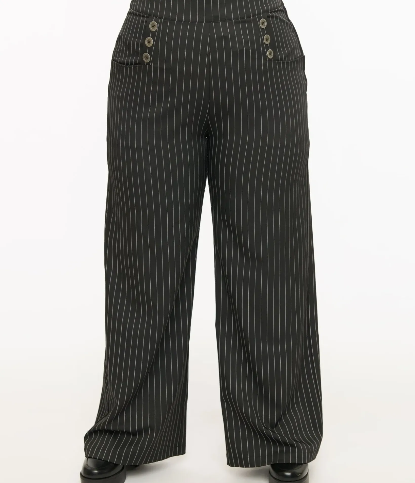Unique Vintage Pants|Pants>Plus Size 1940s Black & White Pin Stripe High Waist Sailor Ginger Pants