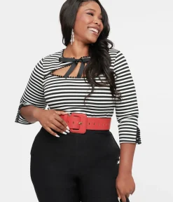 Unique Vintage All Things Black|Work Wear>Plus Size 1950s Black & White Stripe Cutout Neck Tie Top