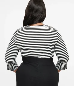 Unique Vintage All Things Black|Work Wear>Plus Size 1950s Black & White Stripe Cutout Neck Tie Top