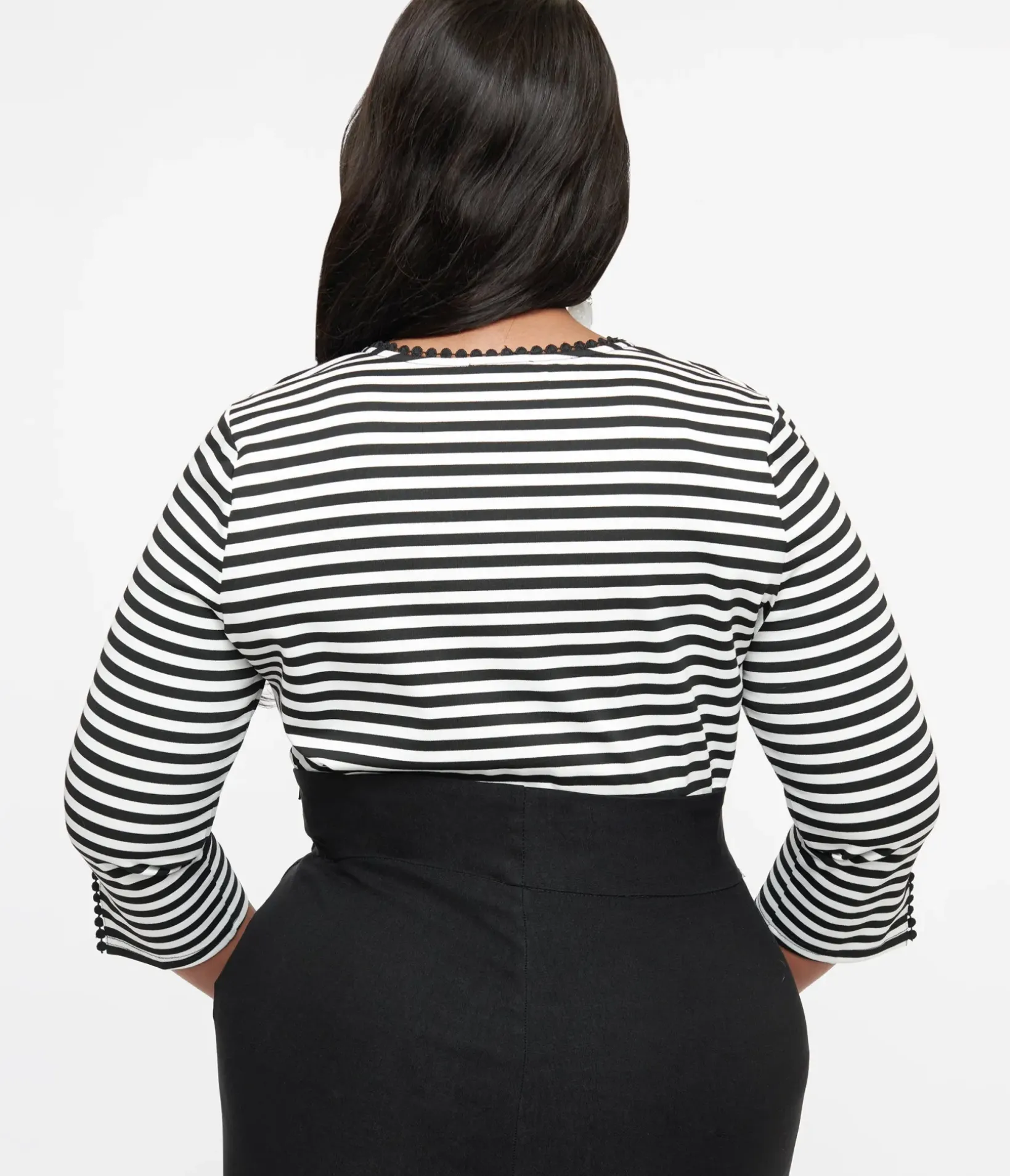 Unique Vintage All Things Black|Work Wear>Plus Size 1950s Black & White Stripe Cutout Neck Tie Top