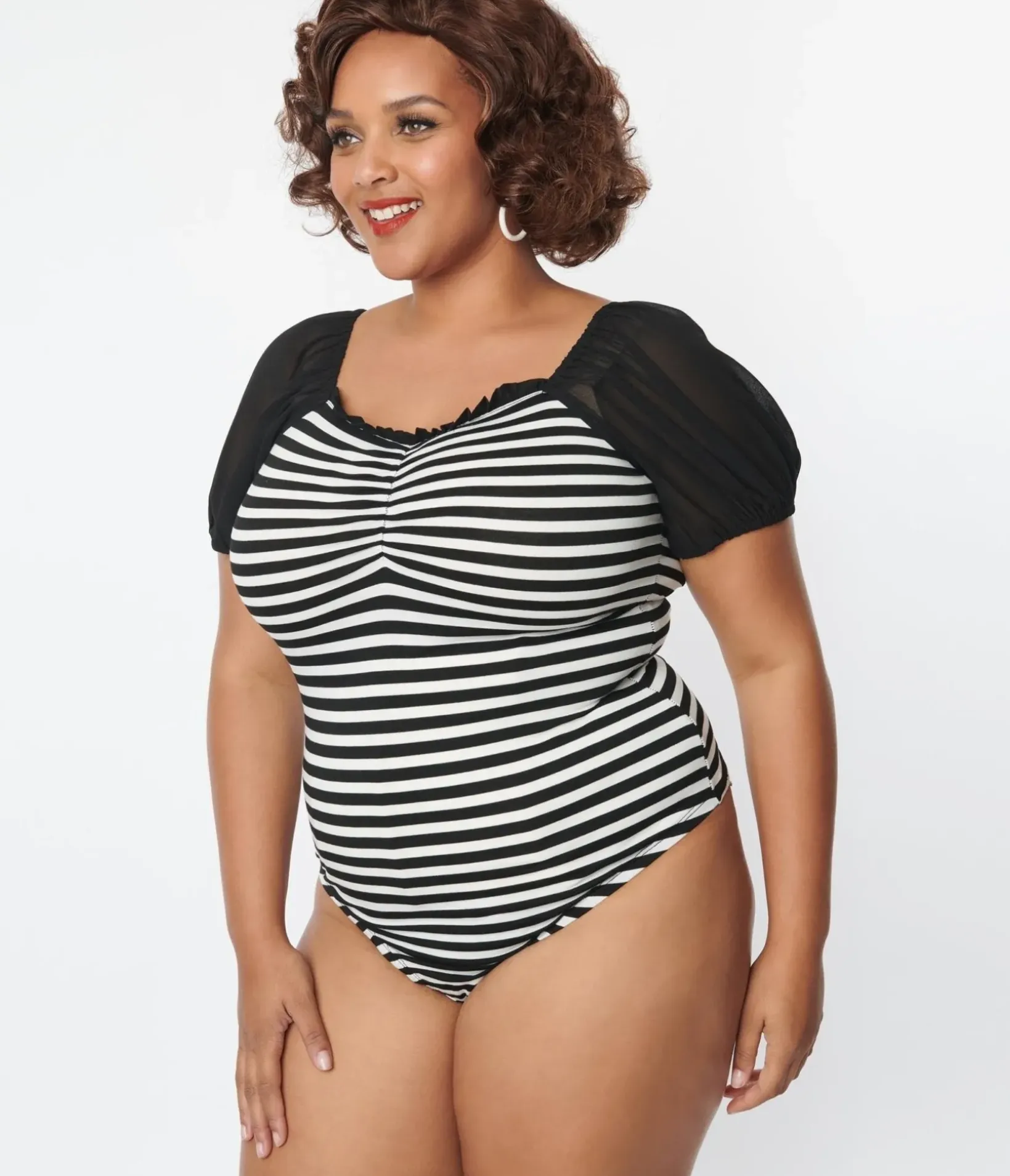 Unique Vintage All Things Black>Plus Size 1940s Black & White Striped Short Sleeve Bodysuit