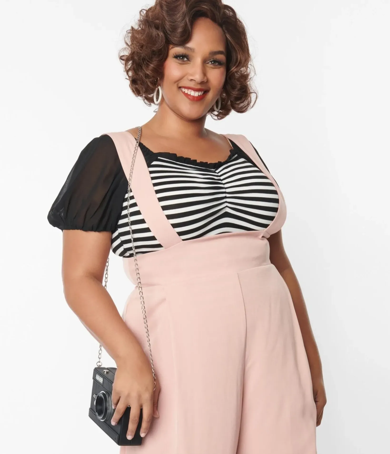 Unique Vintage All Things Black>Plus Size 1940s Black & White Striped Short Sleeve Bodysuit