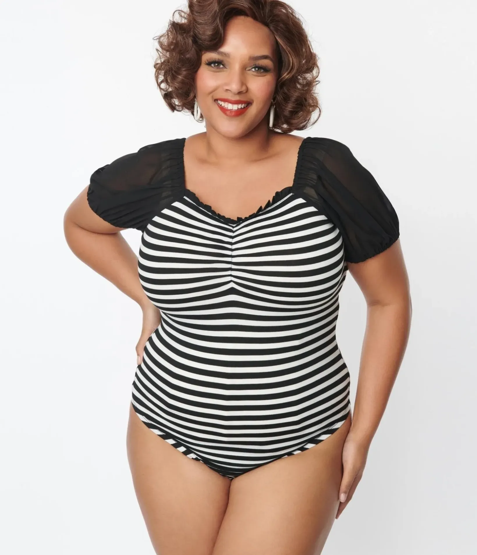 Unique Vintage All Things Black>Plus Size 1940s Black & White Striped Short Sleeve Bodysuit