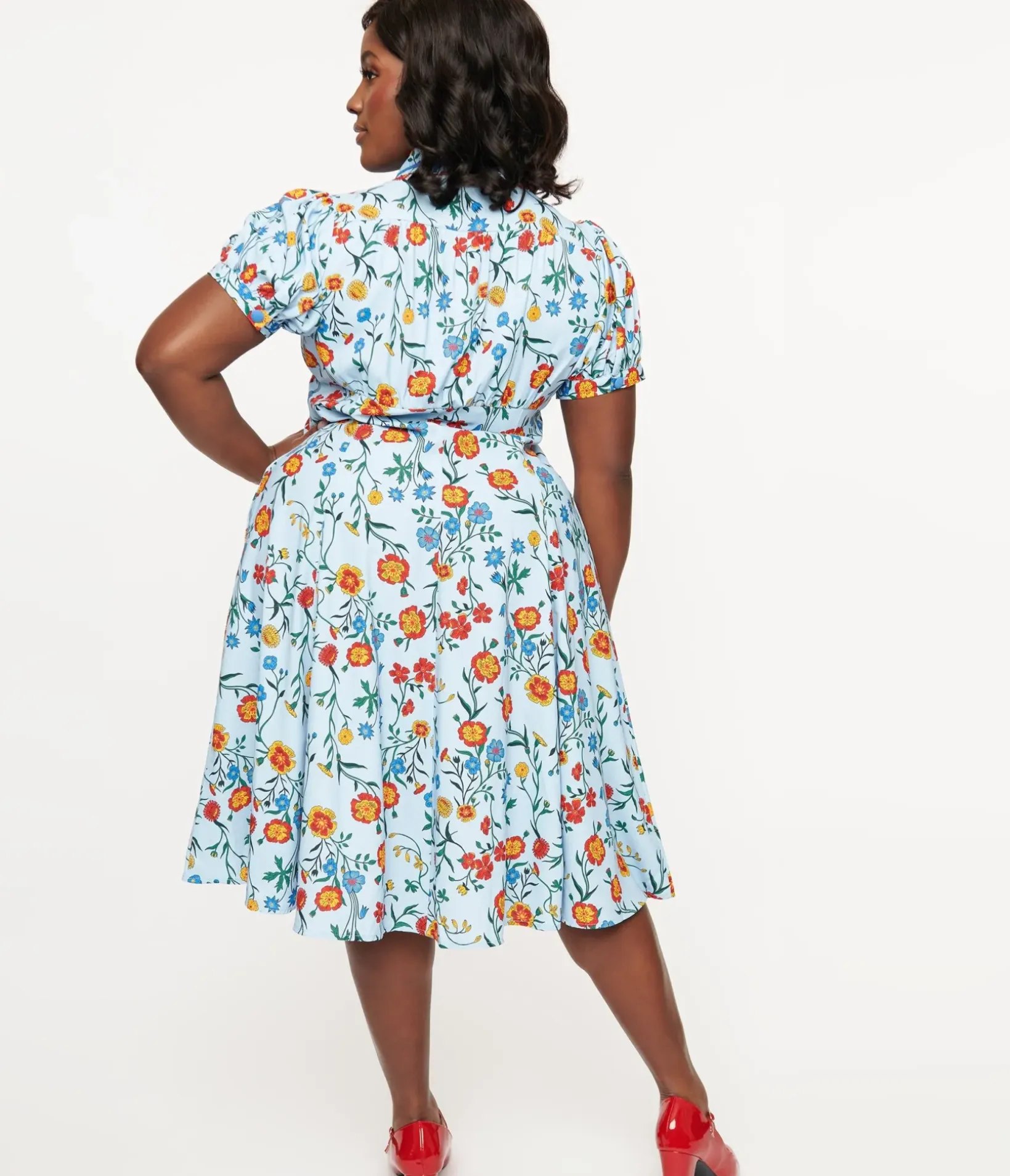 Unique Vintage Fit & Flare|Everyday Dresses>Plus Size 1950s Blue Floral Fit & Flare Dress