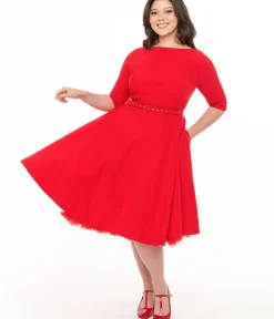 Unique Vintage Swing|Pocket Dresses>Plus Size 1950s Bright Red Devon Swing Dress