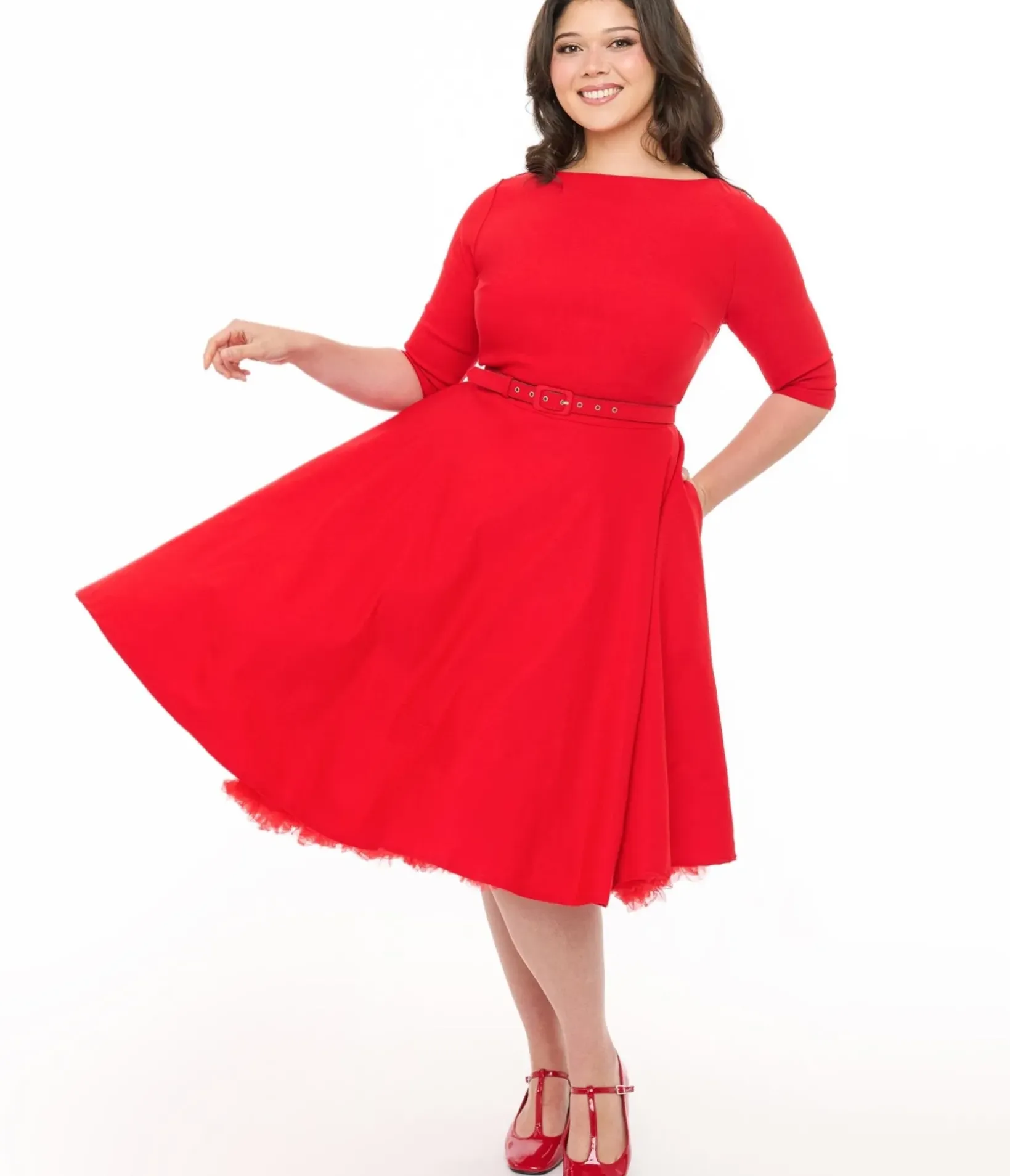 Unique Vintage Swing|Pocket Dresses>Plus Size 1950s Bright Red Devon Swing Dress