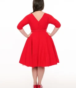 Unique Vintage Swing|Pocket Dresses>Plus Size 1950s Bright Red Devon Swing Dress