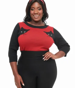 Unique Vintage Sweaters & Cardigans|All Things Black>Plus Size 1950s Burgundy & Black Cat Sleeve Minou Sweater