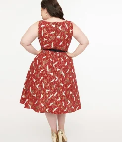 Unique Vintage Swing|Pocket Dresses>Plus Size 1950s Burgundy Fall Crane Sleeveless Swing Dress