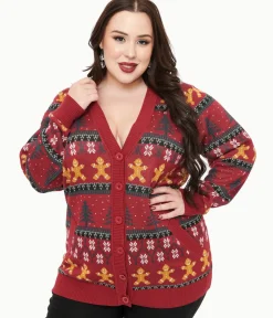 Unique Vintage Sweaters & Cardigans>Plus Size 1960s Burgundy Gingerbread Fair Isle Cardigan