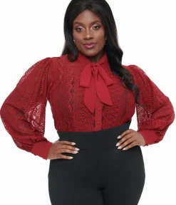 Unique Vintage Work Wear>Plus Size 1940s Burgundy Lace Gwen Blouse
