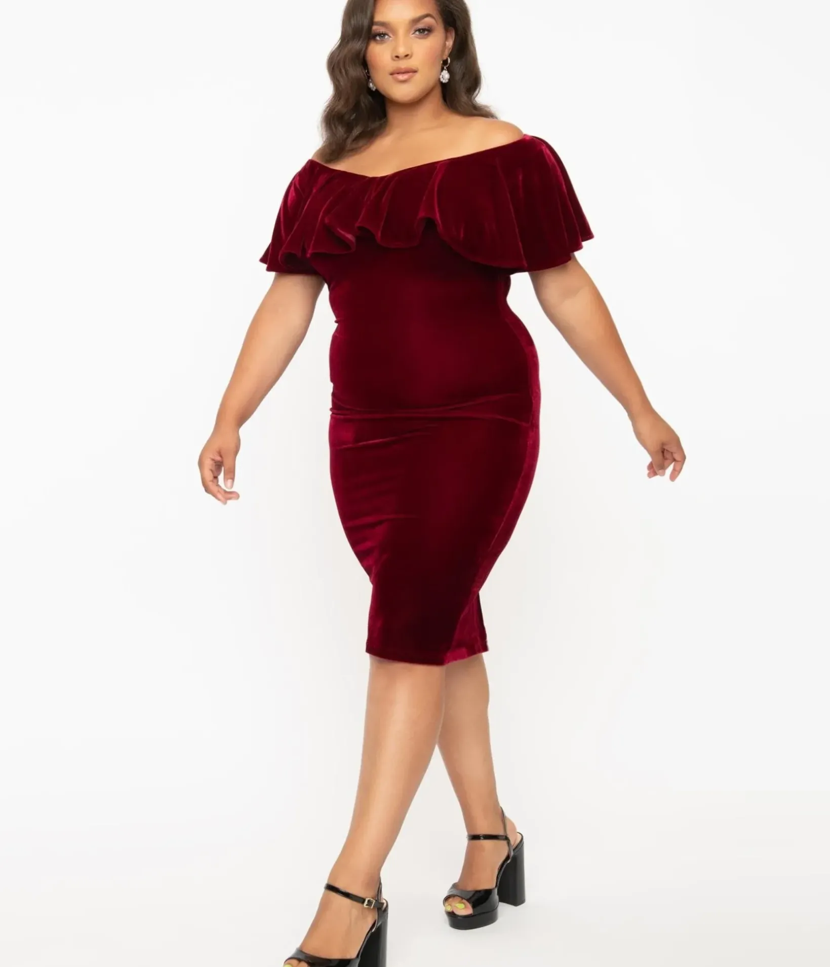 Unique Vintage Pencil|Pencil>Plus Size 1950s Burgundy Red Velvet Sophia Wiggle Dress