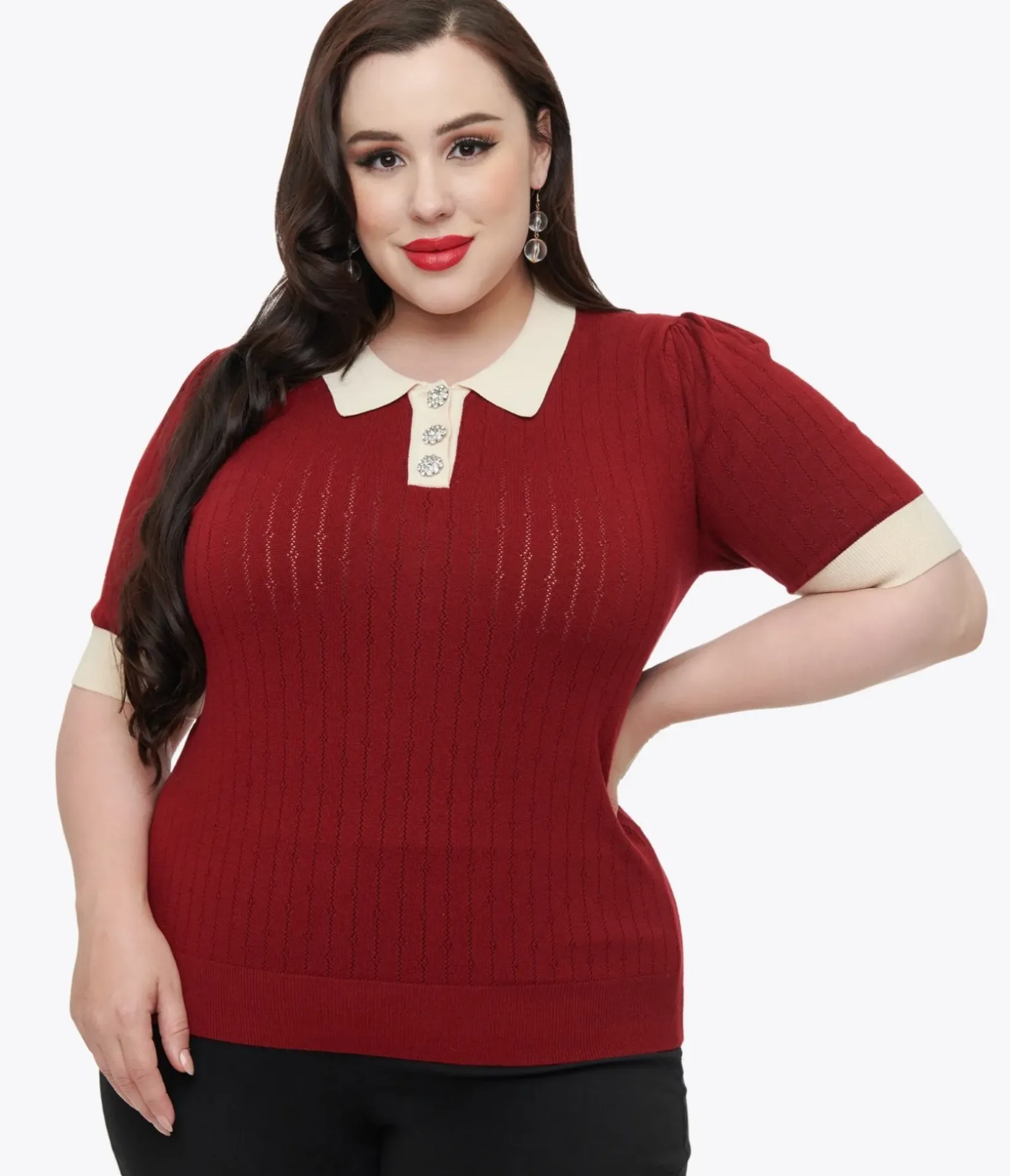 Unique Vintage Sweaters & Cardigans|Sweaters & Cardigans>Plus Size 1950s Burgundy & Rhinestone Buttons Prim & Pretty Sweater