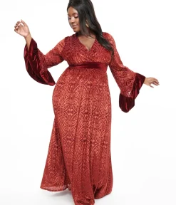 Unique Vintage Maxi|Midi & Maxi>Plus Size 1970s Burgundy Velvet Burnout Maxi Dress