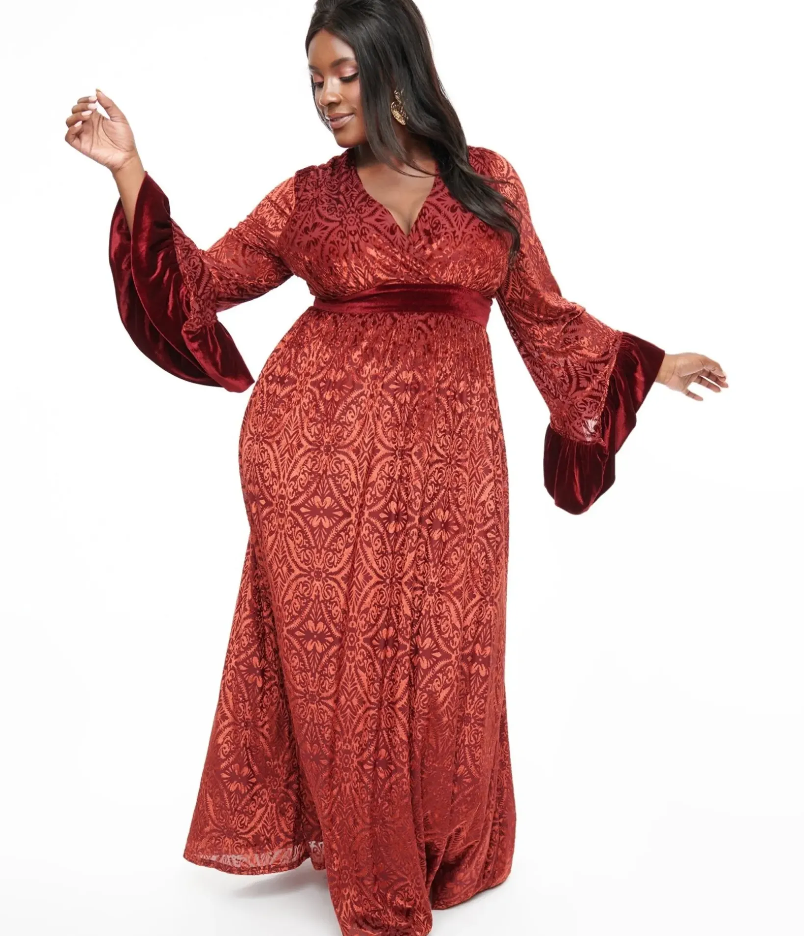 Unique Vintage Maxi|Midi & Maxi>Plus Size 1970s Burgundy Velvet Burnout Maxi Dress