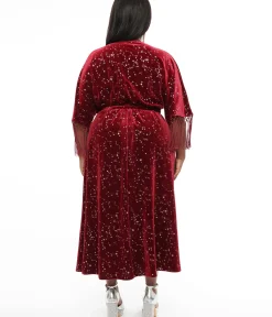 Unique Vintage Midi|Wrap Dresses>Plus Size 1970s Burgundy Velvet Silver Star Wrap Midi Dress