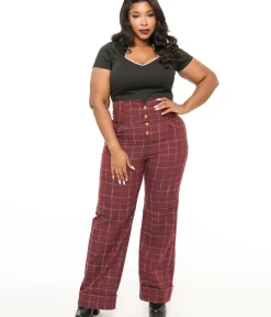 Unique Vintage Pants|Pants>Plus Size 1940s Burgundy Windowpane Buttoned Wide Leg Trousers