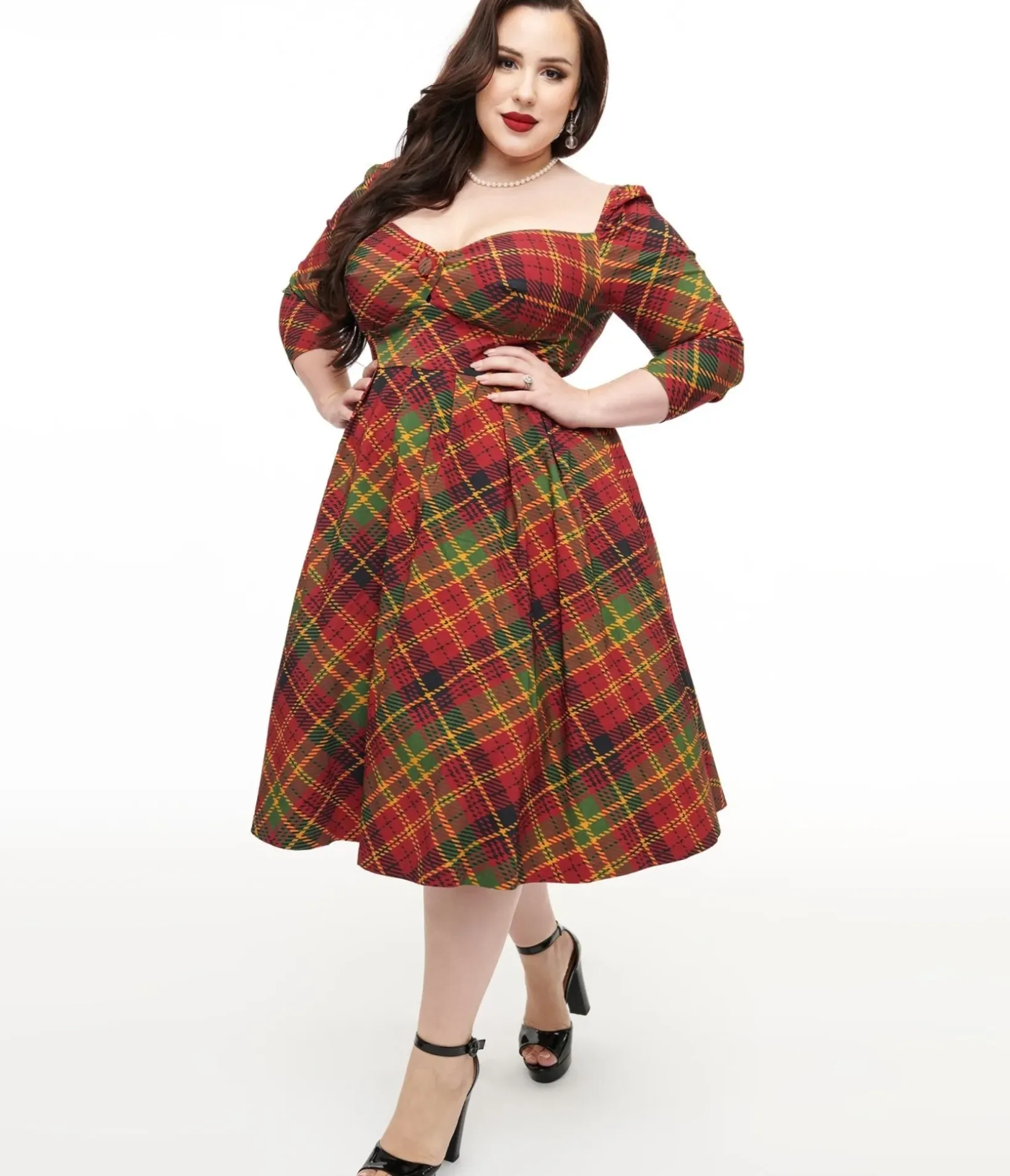 Unique Vintage Swing|Swing>Plus Size 1950s Burnt Orange & Green Plaid Lamar Swing Dress