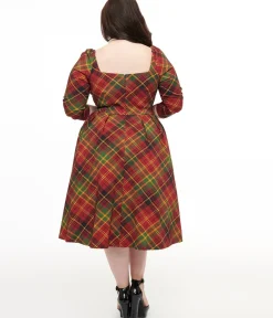 Unique Vintage Swing|Swing>Plus Size 1950s Burnt Orange & Green Plaid Lamar Swing Dress