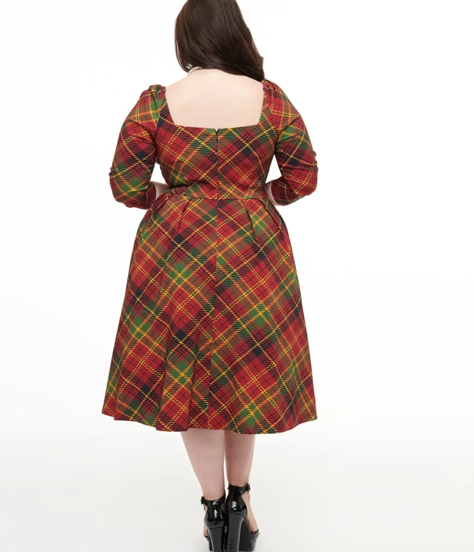 Unique Vintage Swing|Swing>Plus Size 1950s Burnt Orange & Green Plaid Lamar Swing Dress