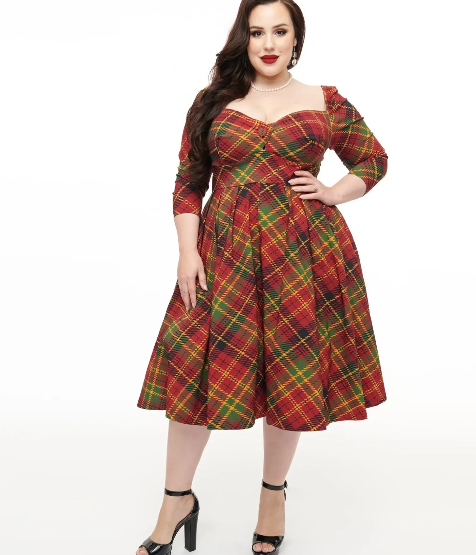 Unique Vintage Swing|Swing>Plus Size 1950s Burnt Orange & Green Plaid Lamar Swing Dress