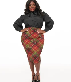 Unique Vintage Skirts|Skirts>Plus Size 1950s Burnt Orange & Green Plaid Tracy Pencil Skirt