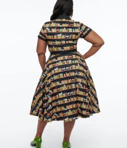 Unique Vintage Swing|Pocket Dresses>Plus Size 1950s Cat & Bookshelf Print Alexis Swing Dress