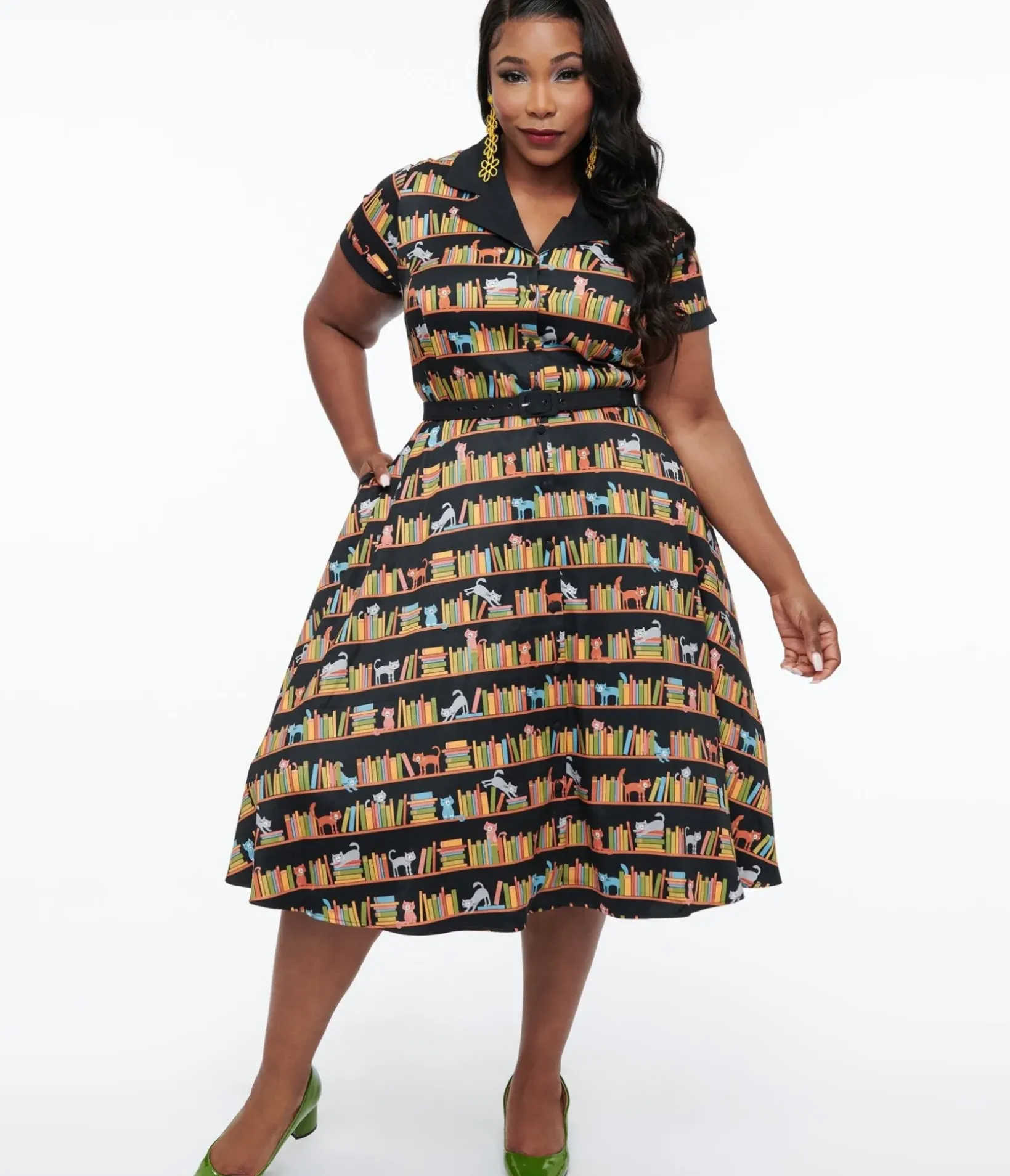 Unique Vintage Swing|Pocket Dresses>Plus Size 1950s Cat & Bookshelf Print Alexis Swing Dress