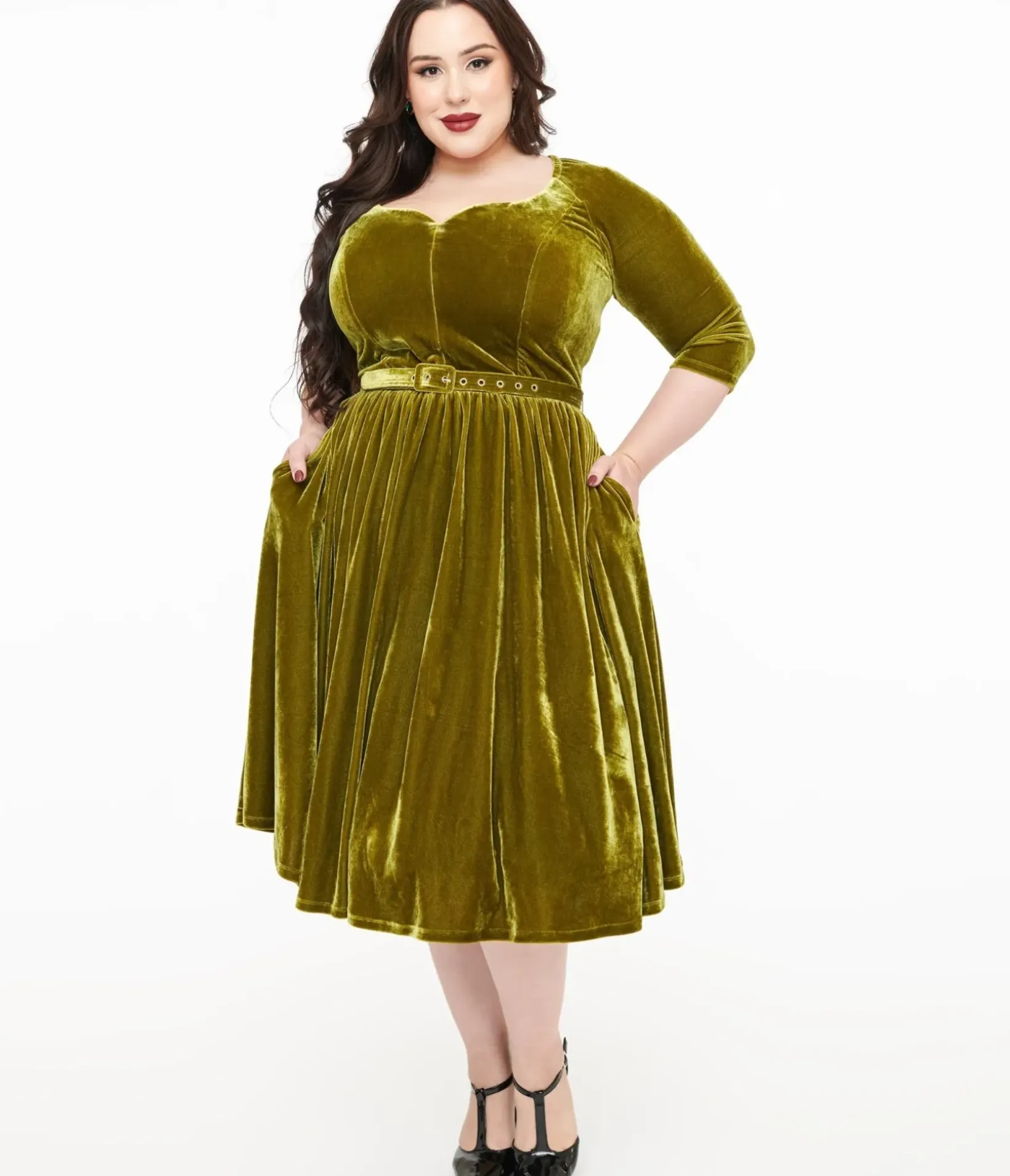 Unique Vintage Swing|Pocket Dresses>Plus Size 1950s Chartreuse Velvet Sweetheart Swing Dress