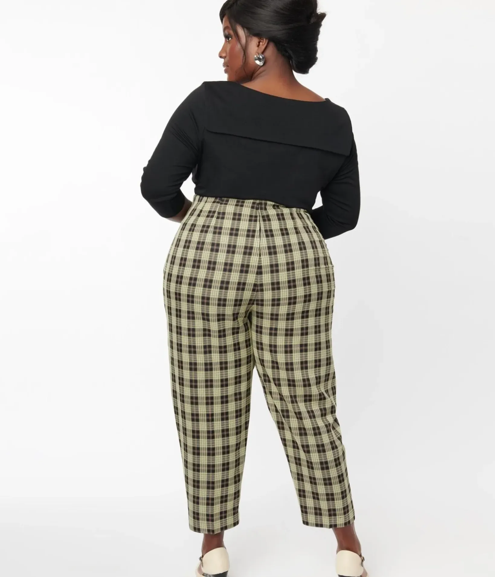 Unique Vintage Pants|Pants>Plus Size 1930s Cream & Black Plaid Front Pleat Pants