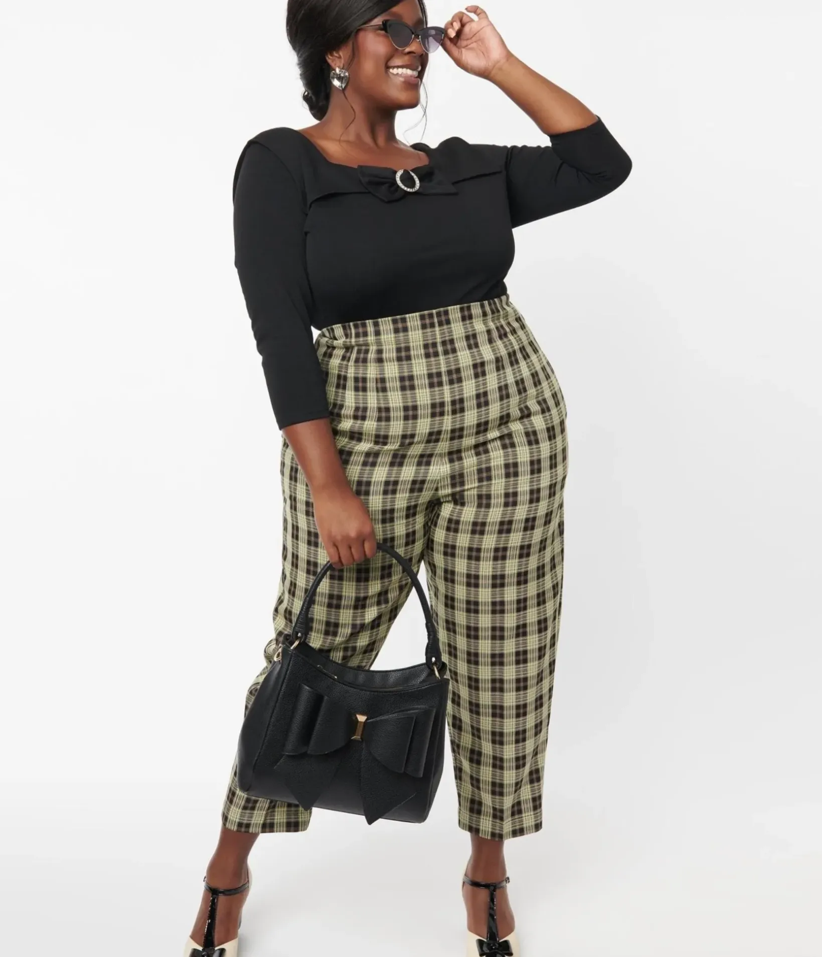 Unique Vintage Pants|Pants>Plus Size 1930s Cream & Black Plaid Front Pleat Pants