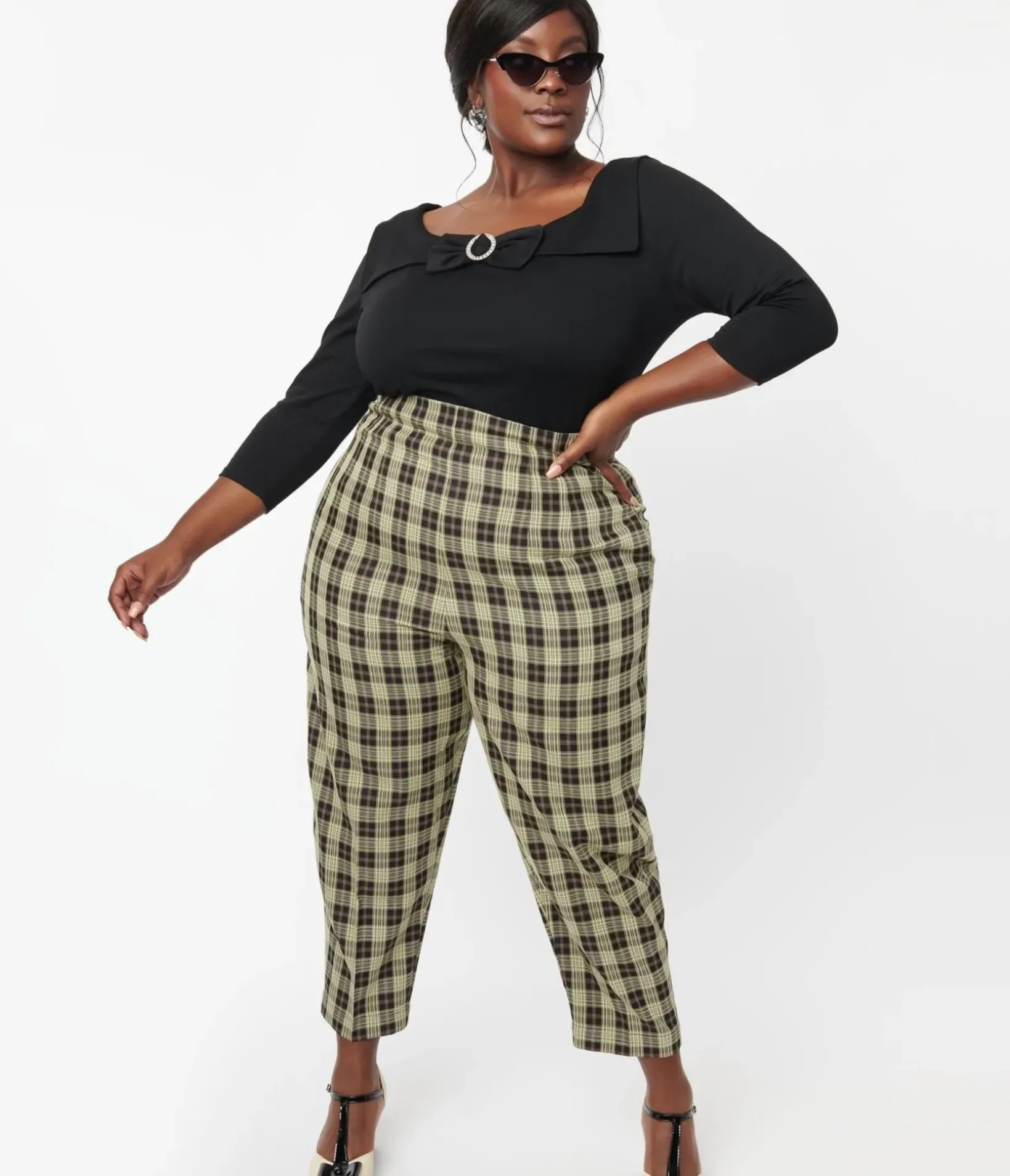 Unique Vintage Pants|Pants>Plus Size 1930s Cream & Black Plaid Front Pleat Pants