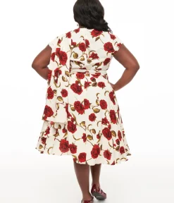Unique Vintage Swing|Pocket Dresses>Plus Size 1940s Cream & Red Rose Print Sash Swing Dress