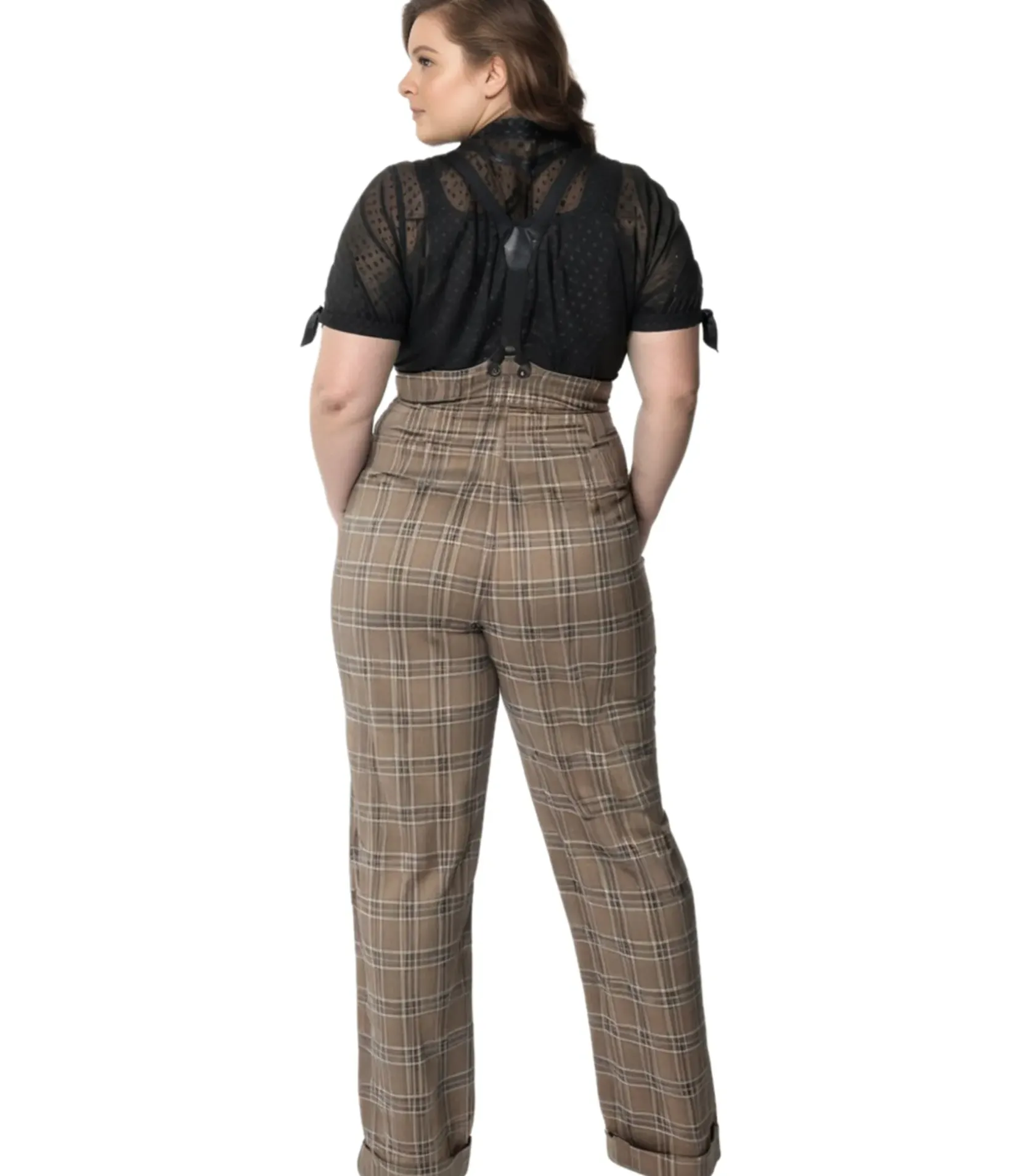 Unique Vintage Pants|Pants>Plus Size 1930s Dark Beige Windowpane Thelma Suspender Pants