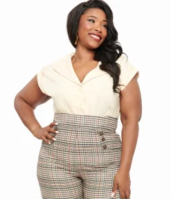 Unique Vintage Blouses|Blouses>Plus Size 1960s Dark Cream Twill Sleeveless Blouse