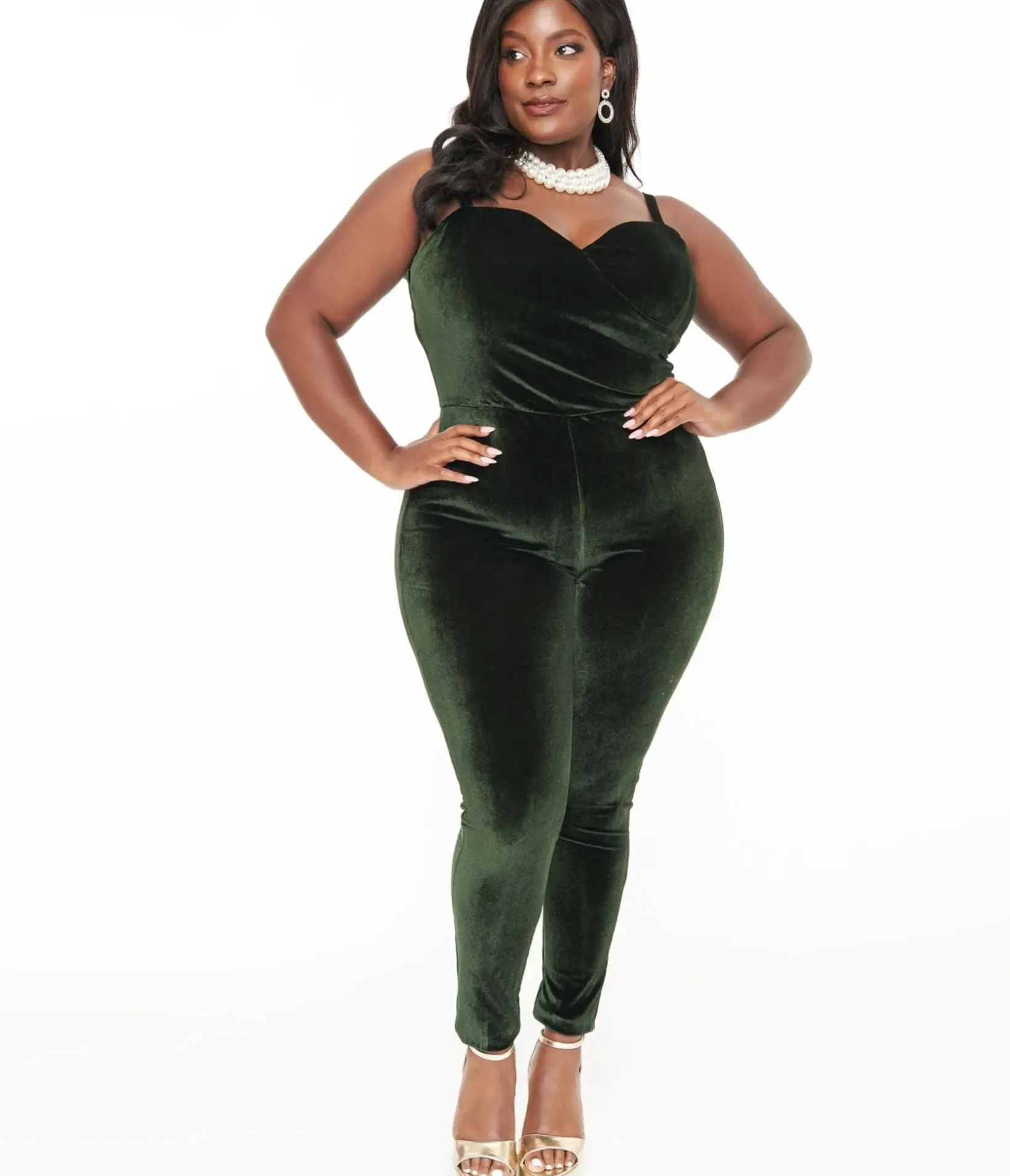 Unique Vintage Rompers & Jumpsuits|Rompers & Jumpsuits>Plus Size 1970s Dark Green Velvet Jumpsuit