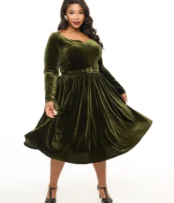 Unique Vintage Swing|Swing>Plus Size 1950s Dark Olive Velvet Sweetheart Swing Dress
