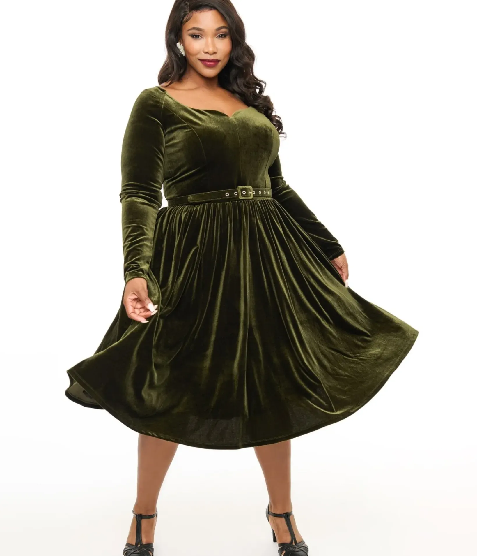 Unique Vintage Swing|Swing>Plus Size 1950s Dark Olive Velvet Sweetheart Swing Dress