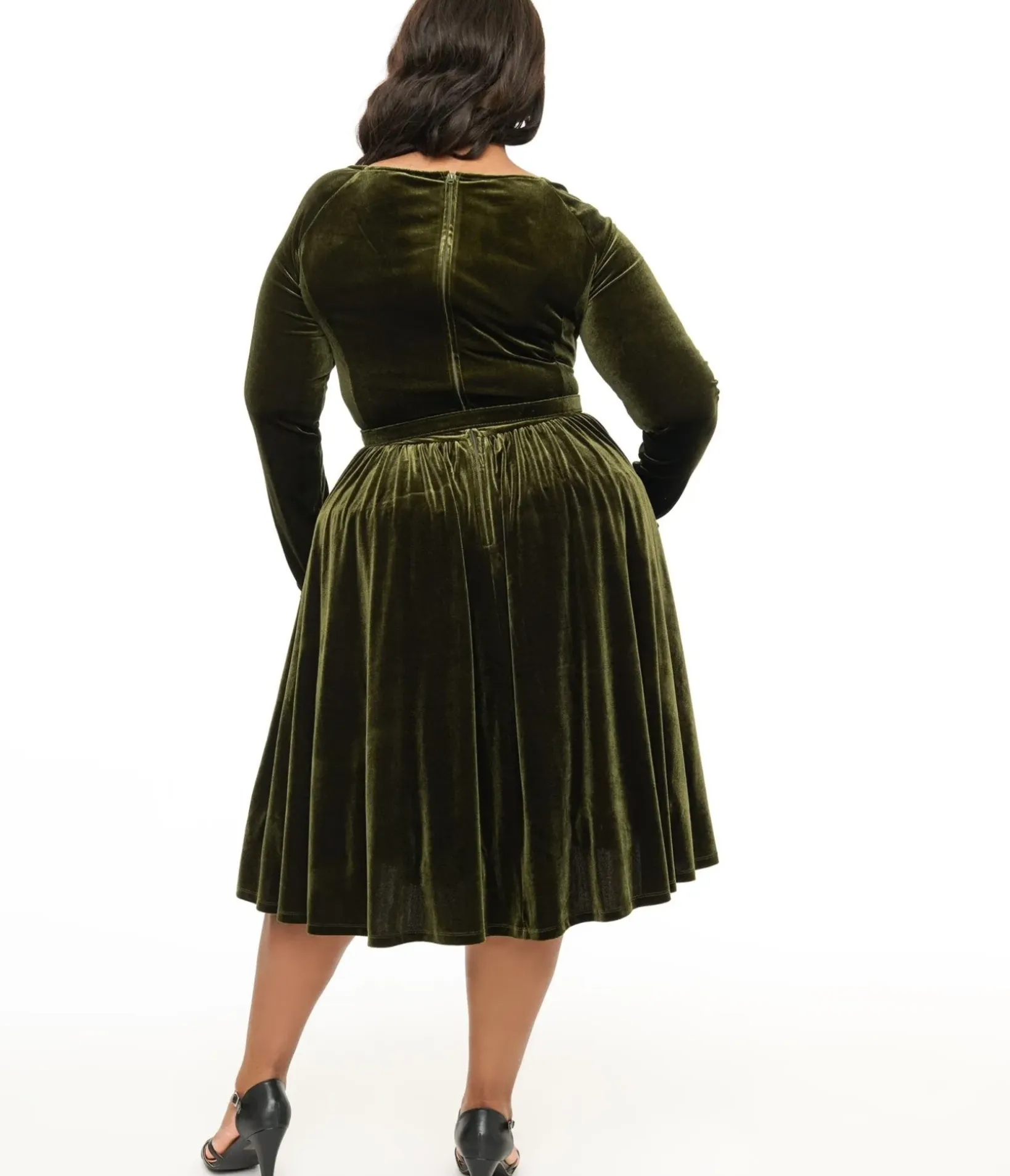 Unique Vintage Swing|Swing>Plus Size 1950s Dark Olive Velvet Sweetheart Swing Dress